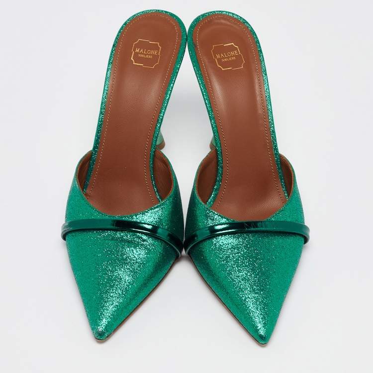 Pre Owned Malone Souliers Green Glitter and Leather Mules Size 38 
