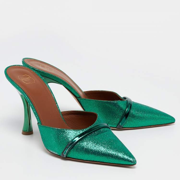 Pre Owned Malone Souliers Green Glitter and Leather Mules Size 38 