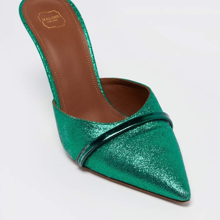 Pre Owned Malone Souliers Green Glitter and Leather Mules Size 38 