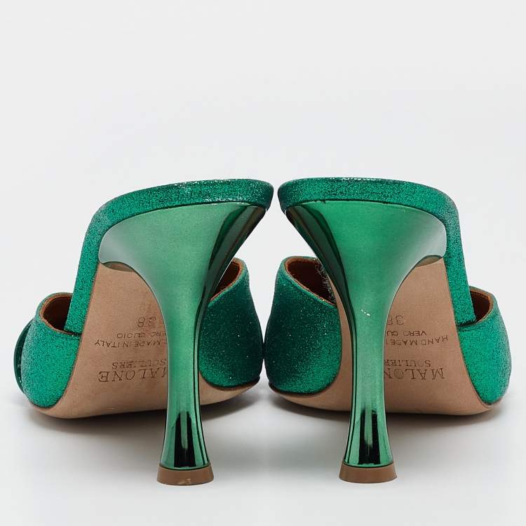 Pre Owned Malone Souliers Green Glitter and Leather Mules Size 38 