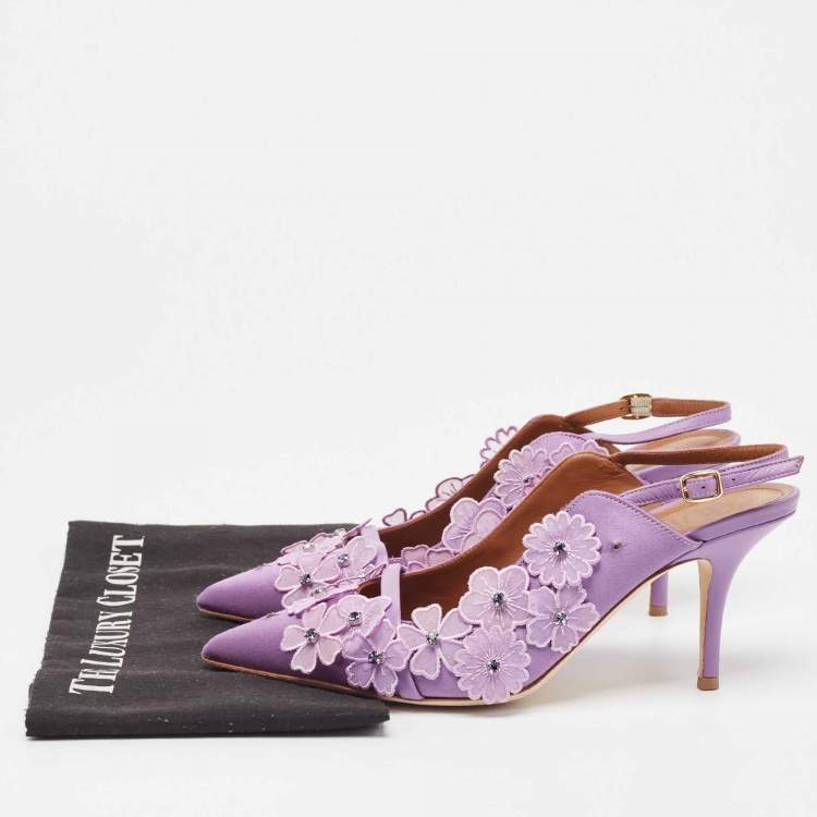 Pre Owned Malone Souliers Purple Satin Floral Applique Marion Pumps Size 40