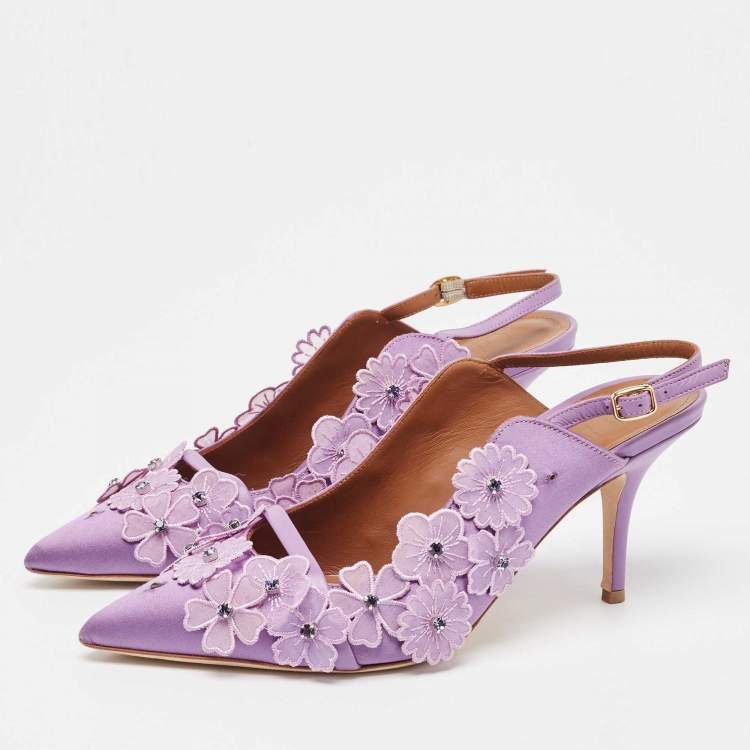 Pre Owned Malone Souliers Purple Satin Floral Applique Marion Pumps Size 40