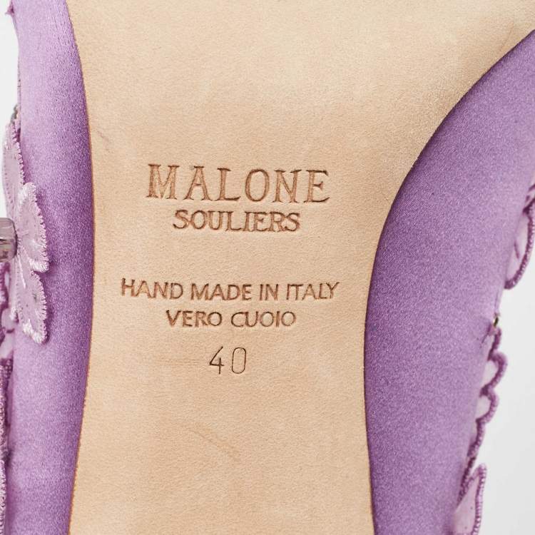 Pre Owned Malone Souliers Purple Satin Floral Applique Marion Pumps Size 40