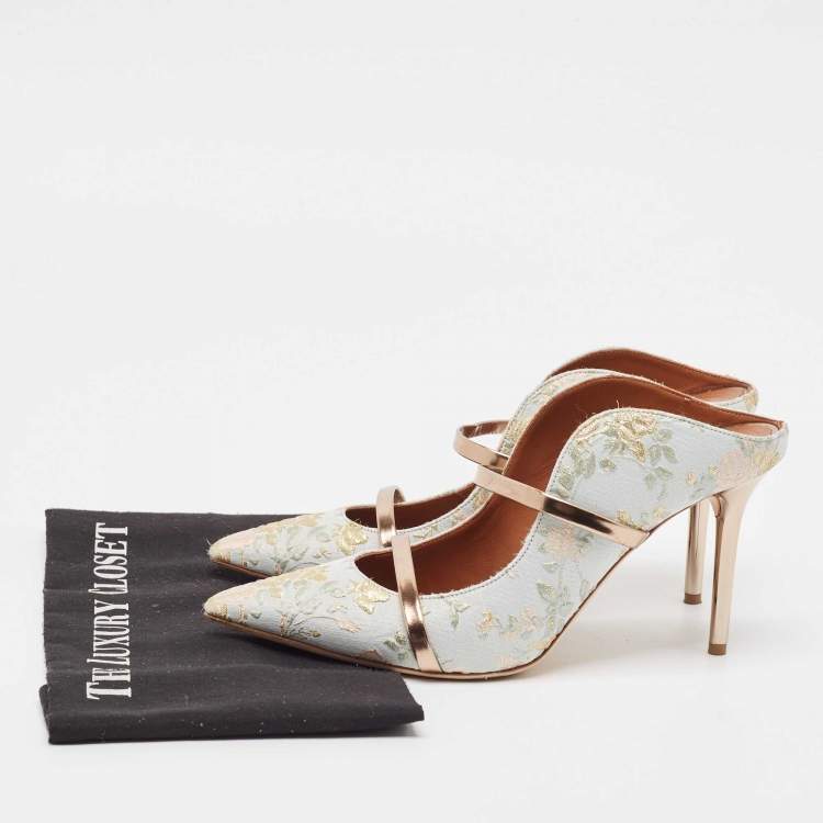 Pre Owned Malone Souliers x Bridgerton Light Blue Embroidered Fabric Maureen Mules Size 40