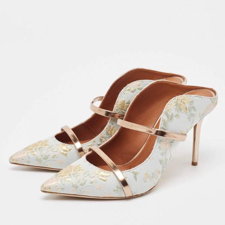 Pre Owned Malone Souliers x Bridgerton Light Blue Embroidered Fabric Maureen Mules Size 40