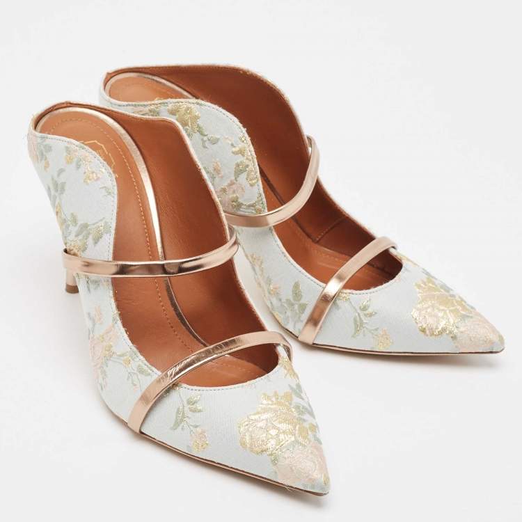 Pre Owned Malone Souliers x Bridgerton Light Blue Embroidered Fabric Maureen Mules Size 40
