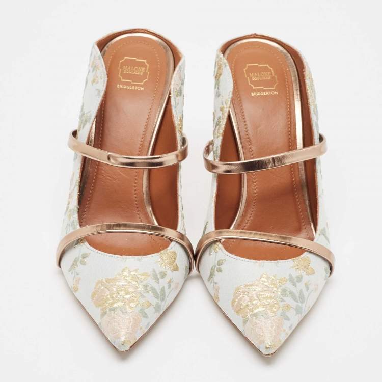 Pre Owned Malone Souliers x Bridgerton Light Blue Embroidered Fabric Maureen Mules Size 40