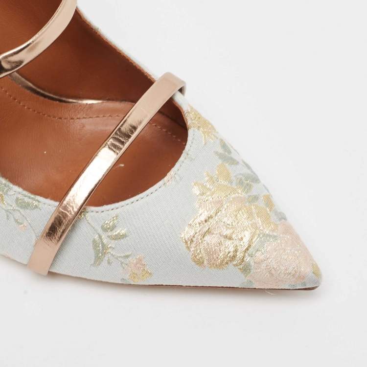 Pre Owned Malone Souliers x Bridgerton Light Blue Embroidered Fabric Maureen Mules Size 40