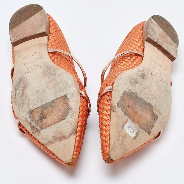 Pre Owned Malone Souliers Orange Woven Satin and Leather Maureen Flat Mules Size 40