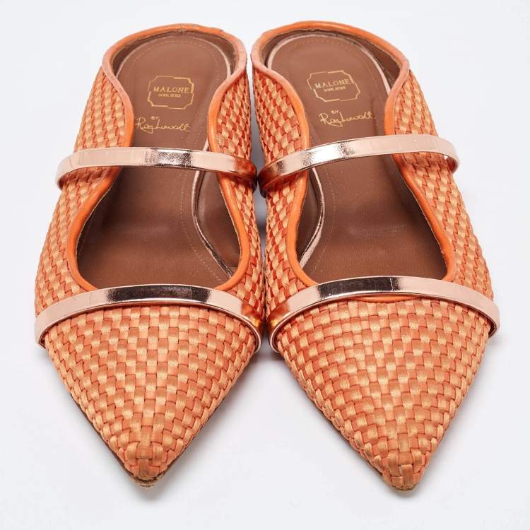Pre Owned Malone Souliers Orange Woven Satin and Leather Maureen Flat Mules Size 40