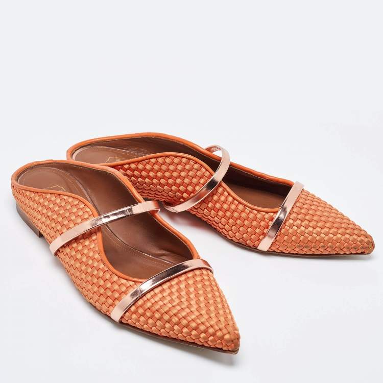 Pre Owned Malone Souliers Orange Woven Satin and Leather Maureen Flat Mules Size 40