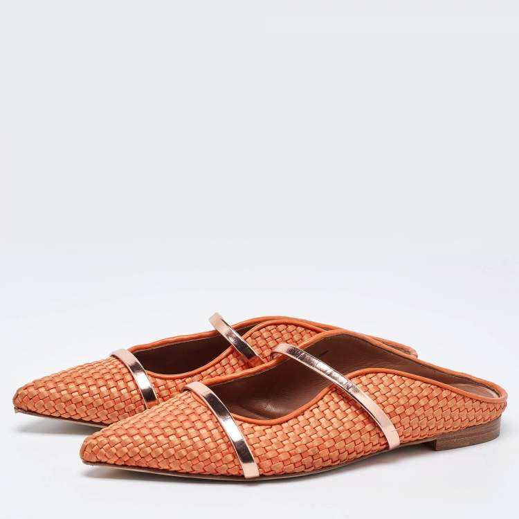 Pre Owned Malone Souliers Orange Woven Satin and Leather Maureen Flat Mules Size 40
