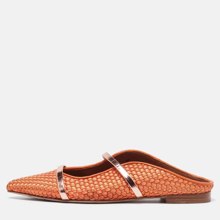 Pre Owned Malone Souliers Orange Woven Satin and Leather Maureen Flat Mules Size 40