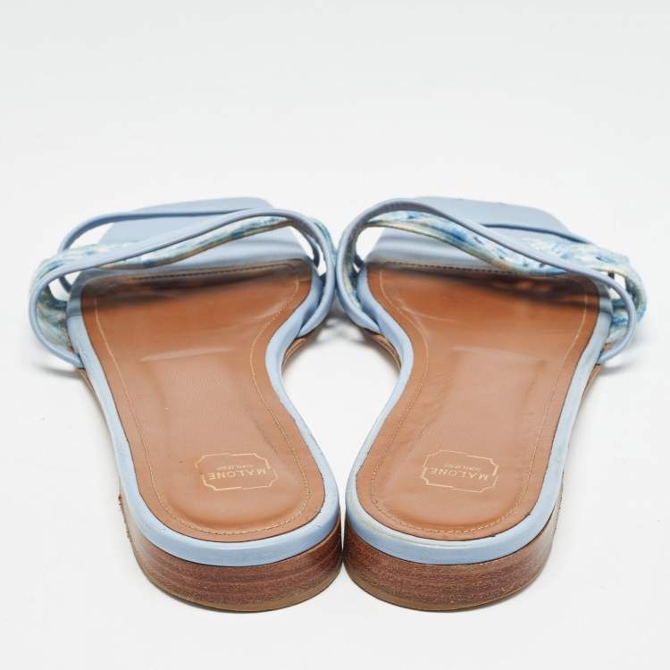Pre Owned Malone Souliers Blue Leather and Canvas Macrame Napa Flat Slides Size 40