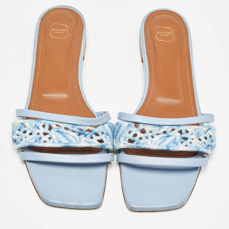 Pre Owned Malone Souliers Blue Leather and Canvas Macrame Napa Flat Slides Size 40