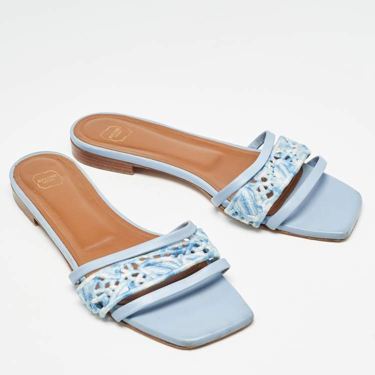 Pre Owned Malone Souliers Blue Leather and Canvas Macrame Napa Flat Slides Size 40