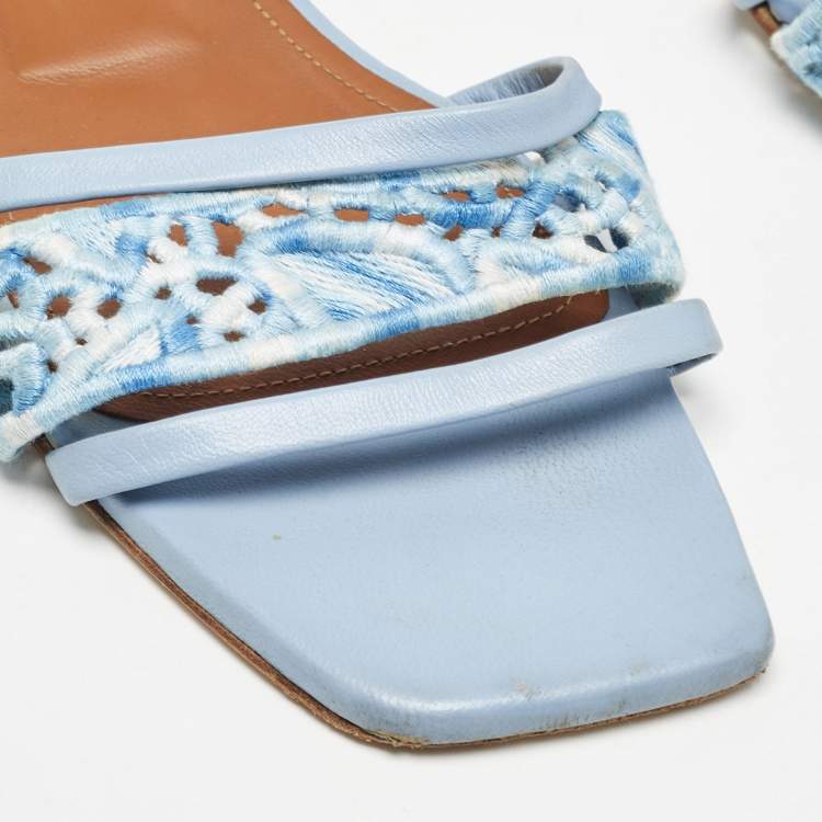 Pre Owned Malone Souliers Blue Leather and Canvas Macrame Napa Flat Slides Size 40