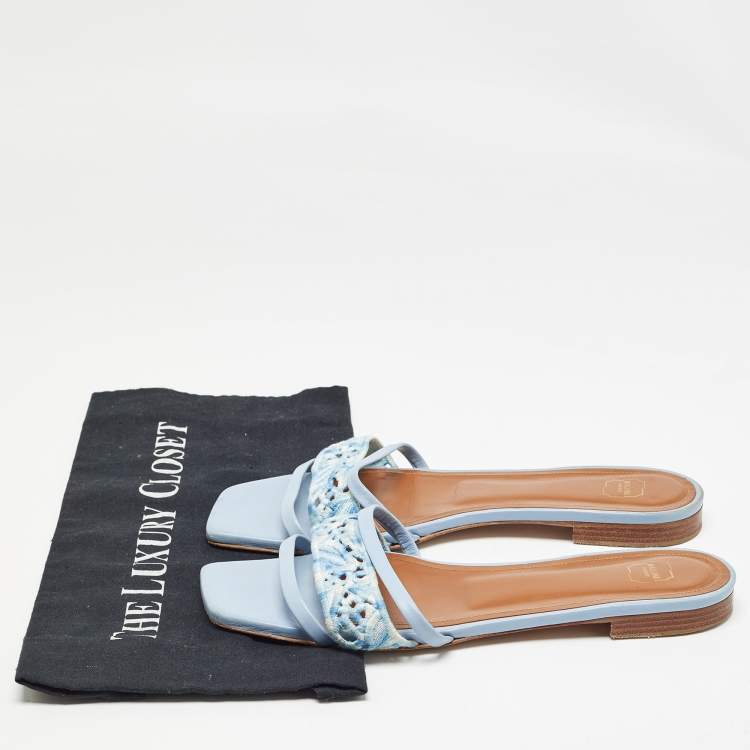 Pre Owned Malone Souliers Blue Leather and Canvas Macrame Napa Flat Slides Size 40
