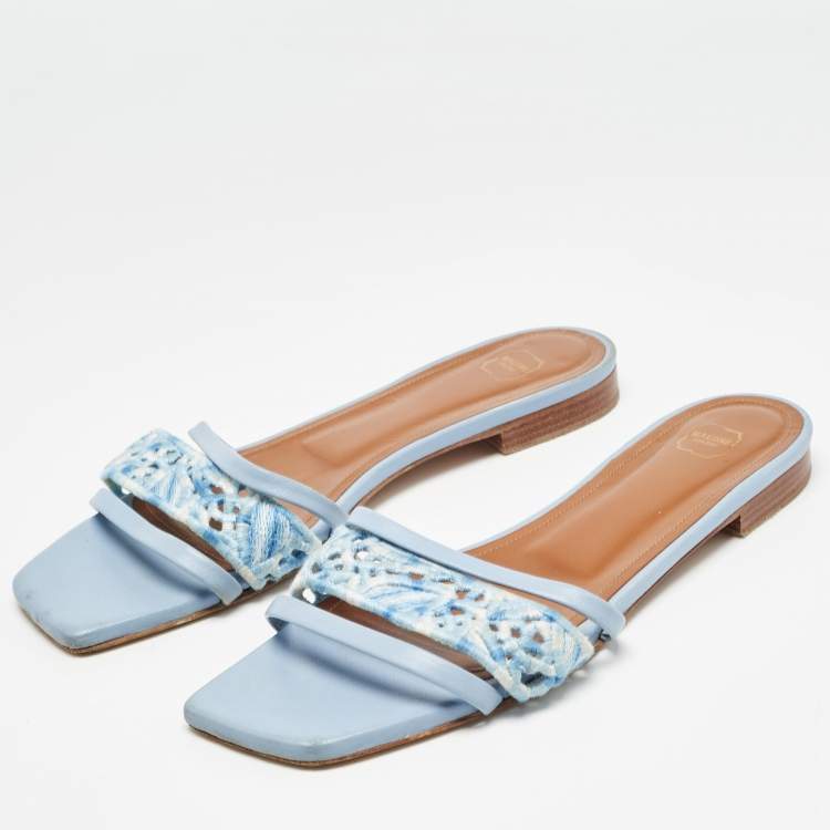 Pre Owned Malone Souliers Blue Leather and Canvas Macrame Napa Flat Slides Size 40