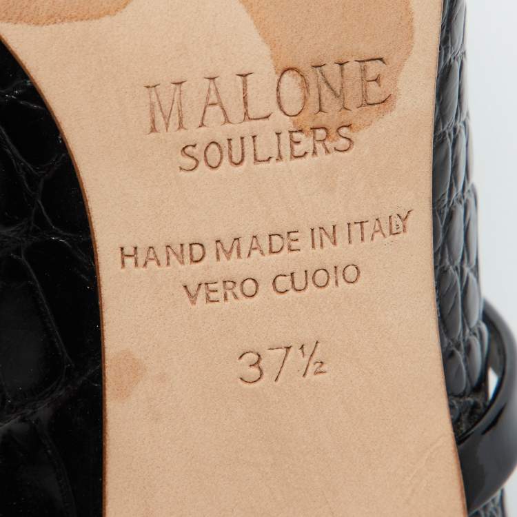 Pre Owned Malone Souliers Black Croc Embossed Leather Maureen Pointed Toe Mules Size 37.5