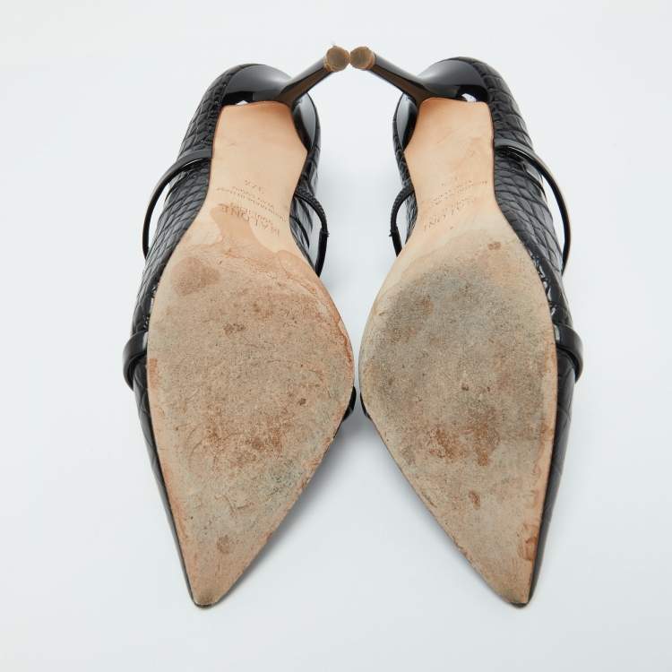 Pre Owned Malone Souliers Black Croc Embossed Leather Maureen Pointed Toe Mules Size 37.5