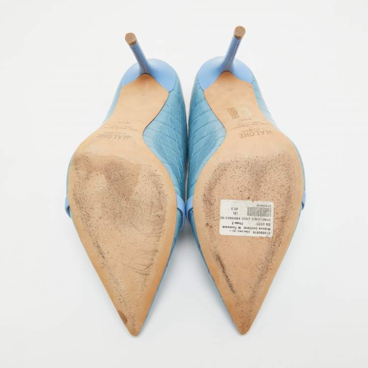Pre Owned Malone Souliers Blue Embossed Croc Constance Mules Size 40.5