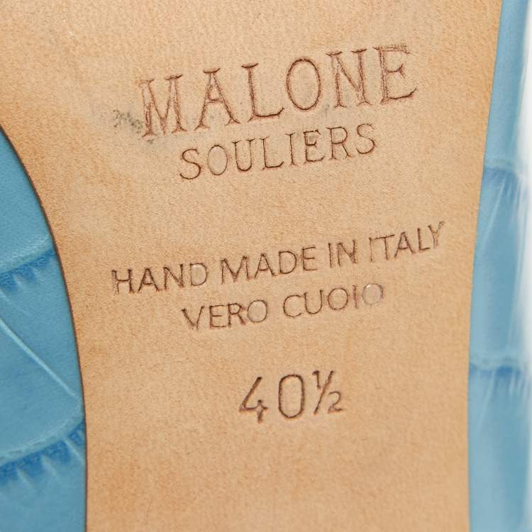 Pre Owned Malone Souliers Blue Embossed Croc Constance Mules Size 40.5