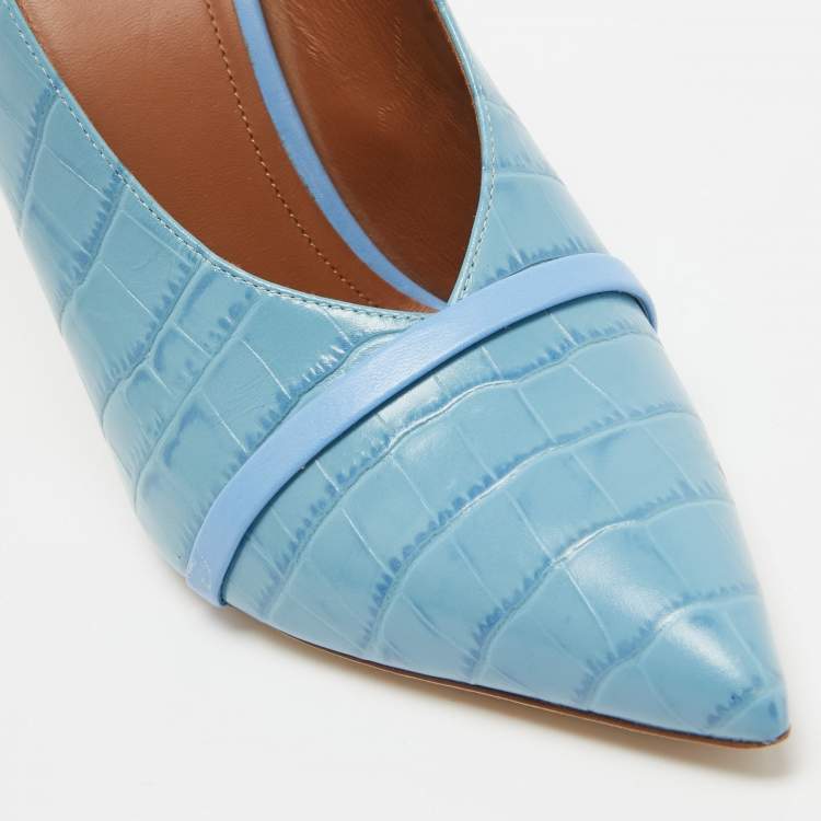 Pre Owned Malone Souliers Blue Embossed Croc Constance Mules Size 40.5