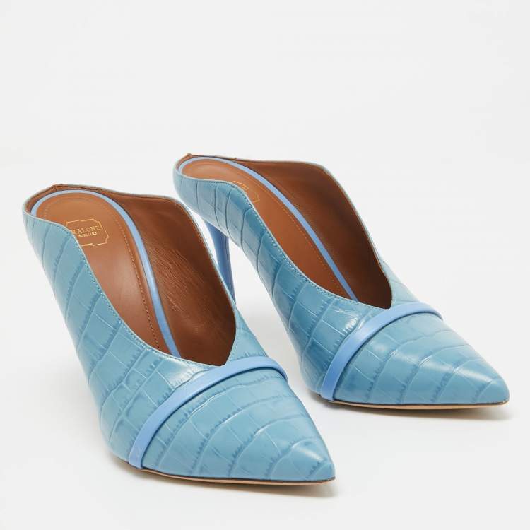 Pre Owned Malone Souliers Blue Embossed Croc Constance Mules Size 40.5