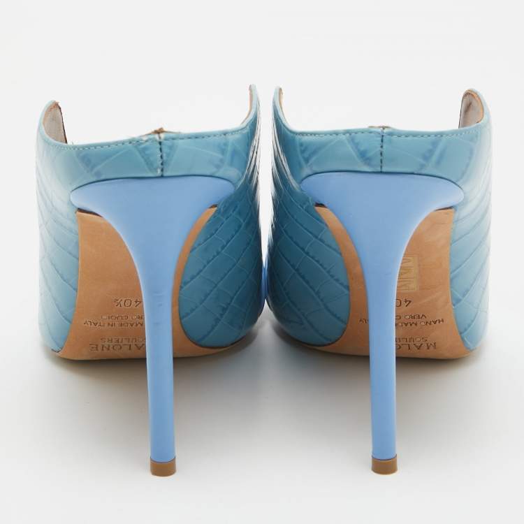 Pre Owned Malone Souliers Blue Embossed Croc Constance Mules Size 40.5