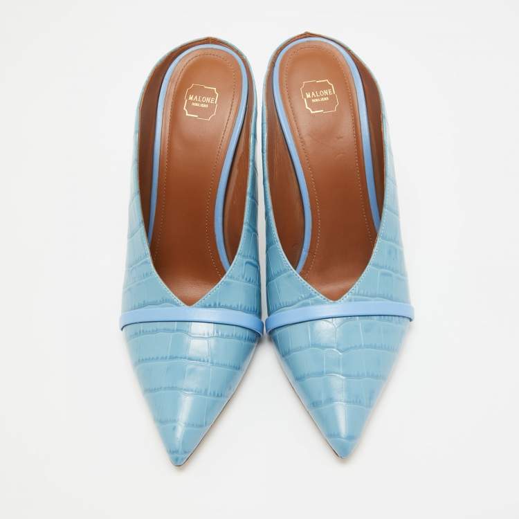 Pre Owned Malone Souliers Blue Embossed Croc Constance Mules Size 40.5