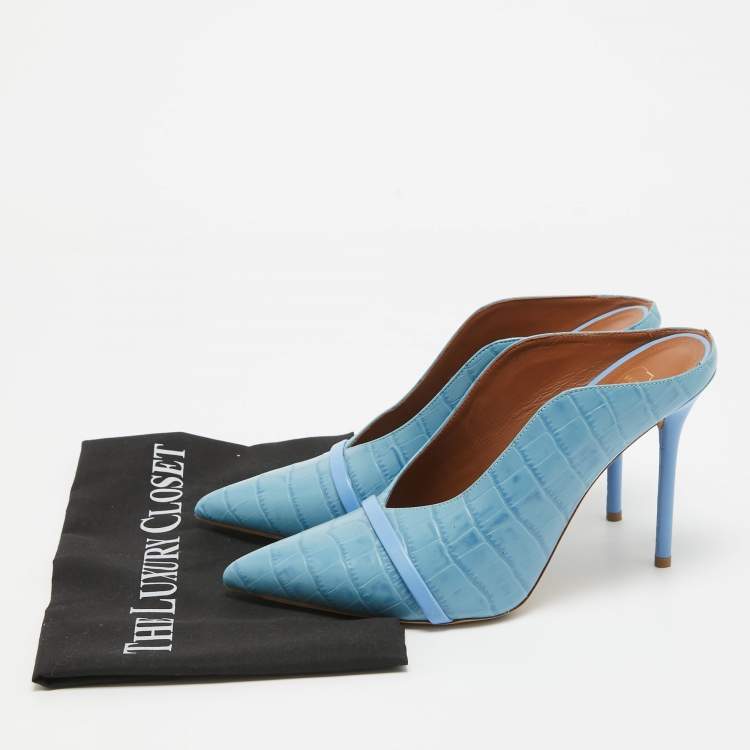 Pre Owned Malone Souliers Blue Embossed Croc Constance Mules Size 40.5