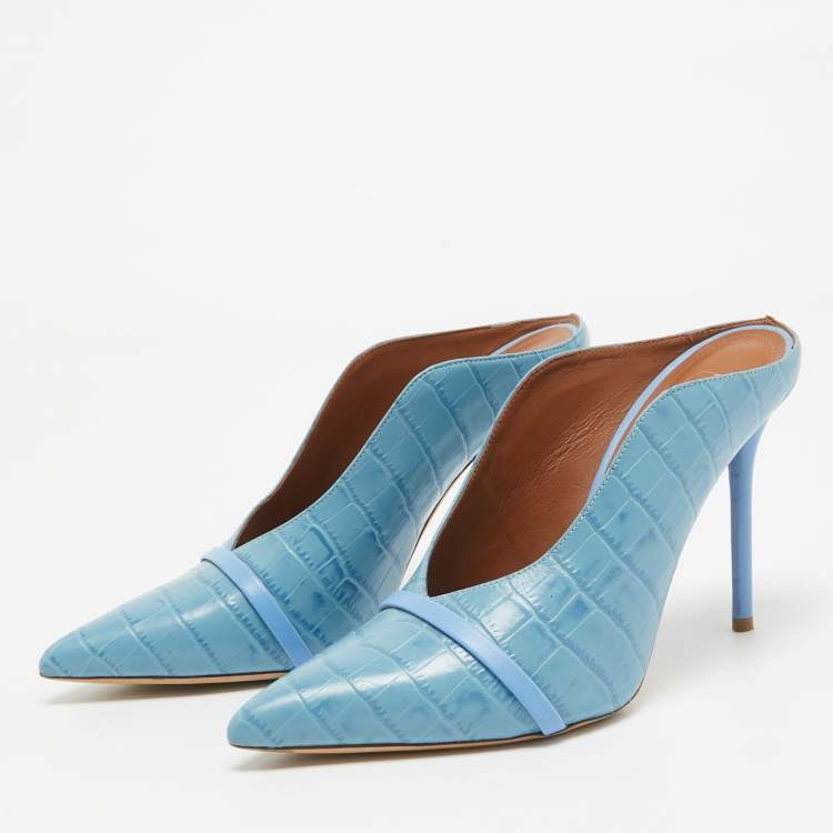 Pre Owned Malone Souliers Blue Embossed Croc Constance Mules Size 40.5