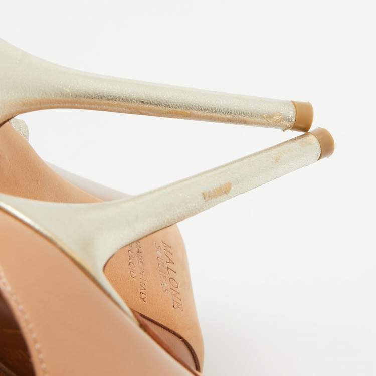 Pre Owned Malone Souliers Beige/Gold Leather Maureen Mules Size 40.5