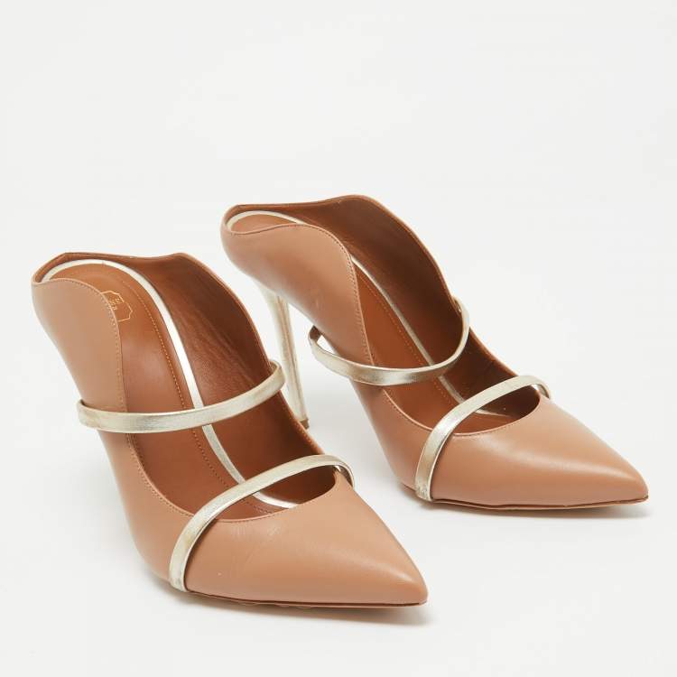 Pre Owned Malone Souliers Beige/Gold Leather Maureen Mules Size 40.5