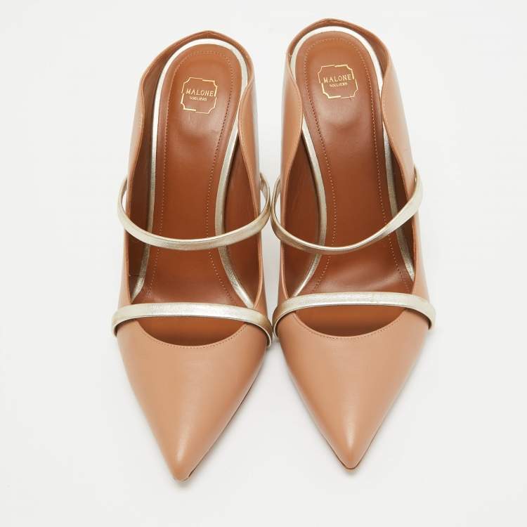 Pre Owned Malone Souliers Beige/Gold Leather Maureen Mules Size 40.5