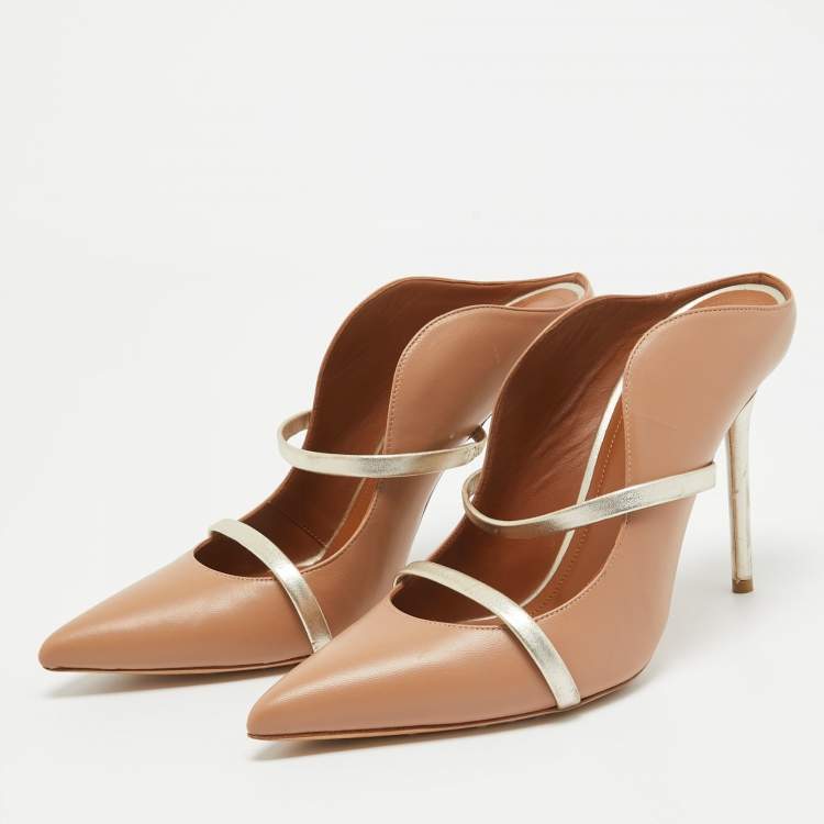 Pre Owned Malone Souliers Beige/Gold Leather Maureen Mules Size 40.5