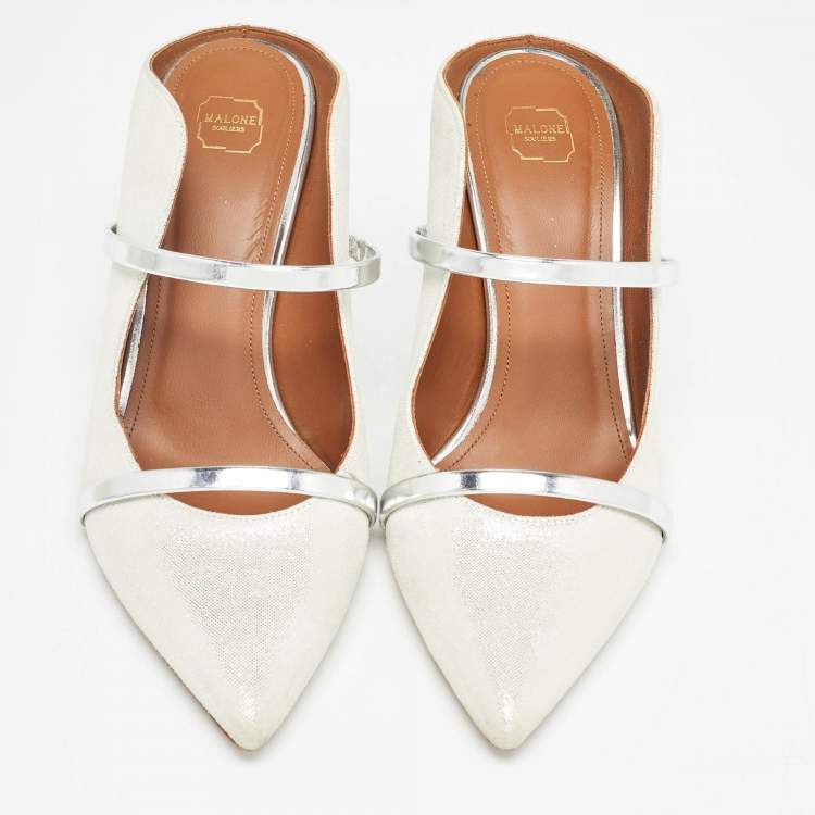 مملوكة مسبقًا Malone Souliers Silver Nubuck Leather Maureen Pointed Toe Mule Sandals Size 38.5