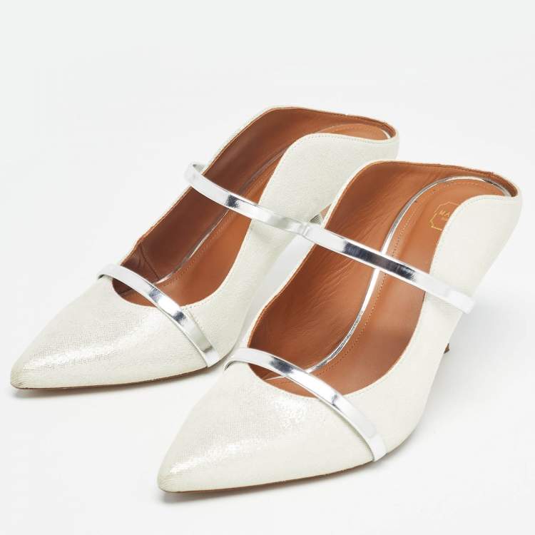 مملوكة مسبقًا Malone Souliers Silver Nubuck Leather Maureen Pointed Toe Mule Sandals Size 38.5