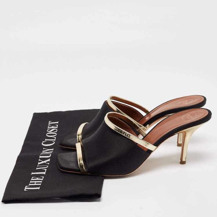 Pre Owned Malone Souliers Black/Gold Satin and Leather Open Toe Slide Sandals Size 38.5