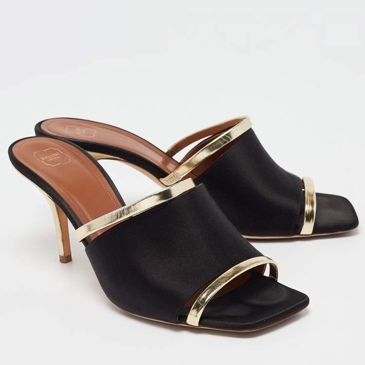 Pre Owned Malone Souliers Black/Gold Satin and Leather Open Toe Slide Sandals Size 38.5