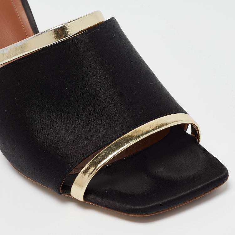 Pre Owned Malone Souliers Black/Gold Satin and Leather Open Toe Slide Sandals Size 38.5