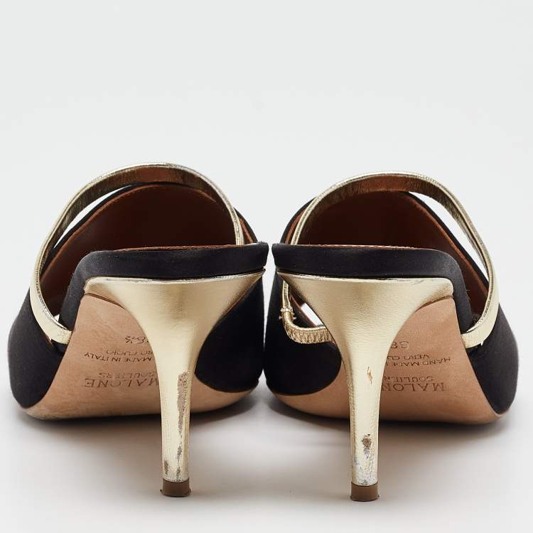 Pre Owned Malone Souliers Black/Gold Satin and Leather Open Toe Slide Sandals Size 38.5