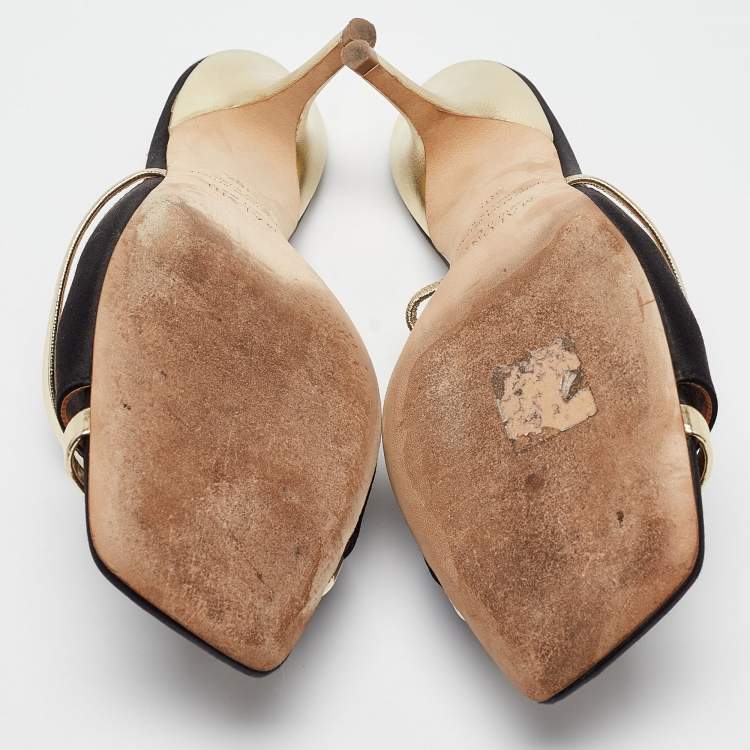 Pre Owned Malone Souliers Black/Gold Satin and Leather Open Toe Slide Sandals Size 38.5