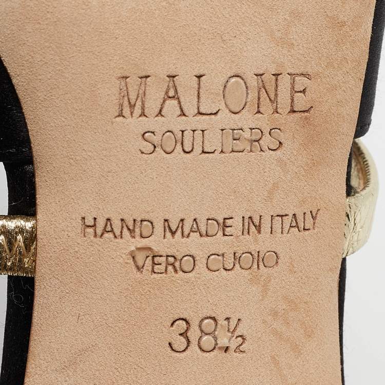 Pre Owned Malone Souliers Black/Gold Satin and Leather Open Toe Slide Sandals Size 38.5