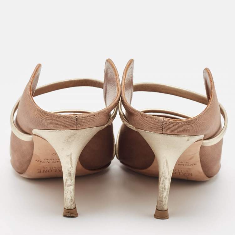 Pre Owned Malone Souliers Brown/Gold Fabric and Leather Maureen Mules Size 39