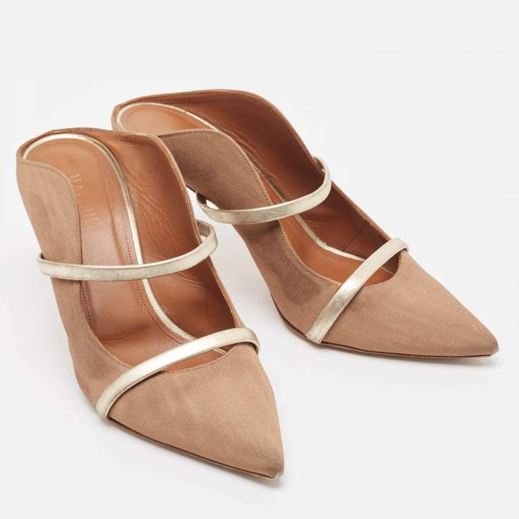 Pre Owned Malone Souliers Brown/Gold Fabric and Leather Maureen Mules Size 39