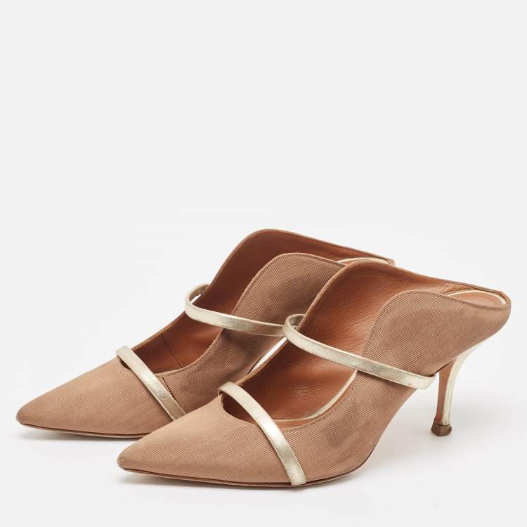 Pre Owned Malone Souliers Brown/Gold Fabric and Leather Maureen Mules Size 39