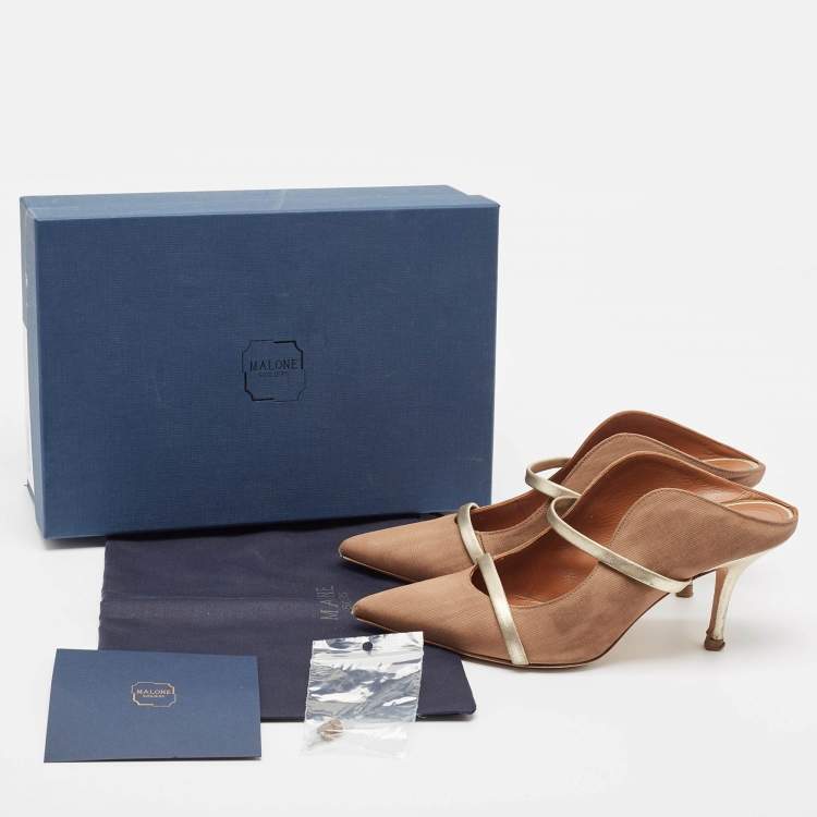 Pre Owned Malone Souliers Brown/Gold Fabric and Leather Maureen Mules Size 39