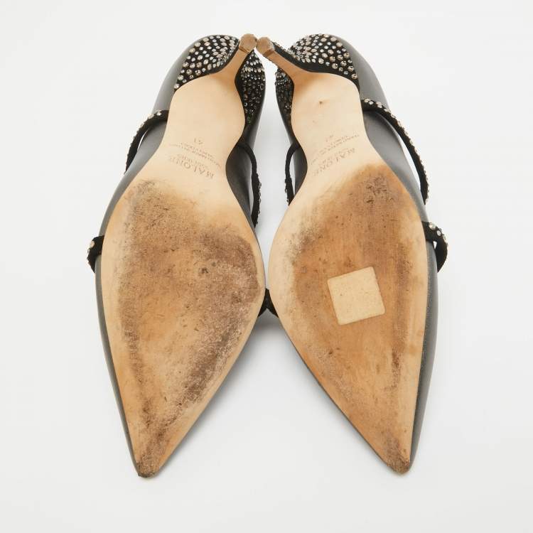 Pre Owned Malone Souliers Grey/Black Leather and Suede Crystal Embellished Maureen Mules Size 41
